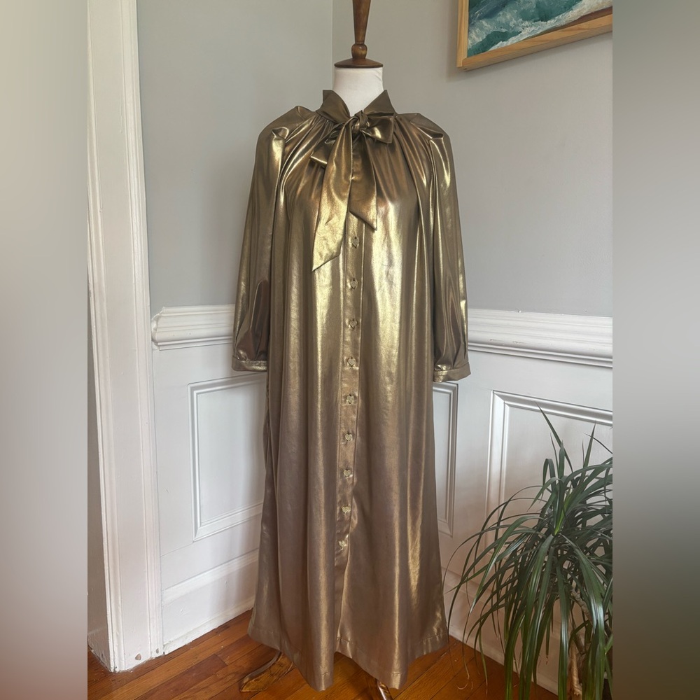 BURU Gold Lamé Long Sleeve Button Up Bow Midi Dress Size XS - Picture 2 of 14